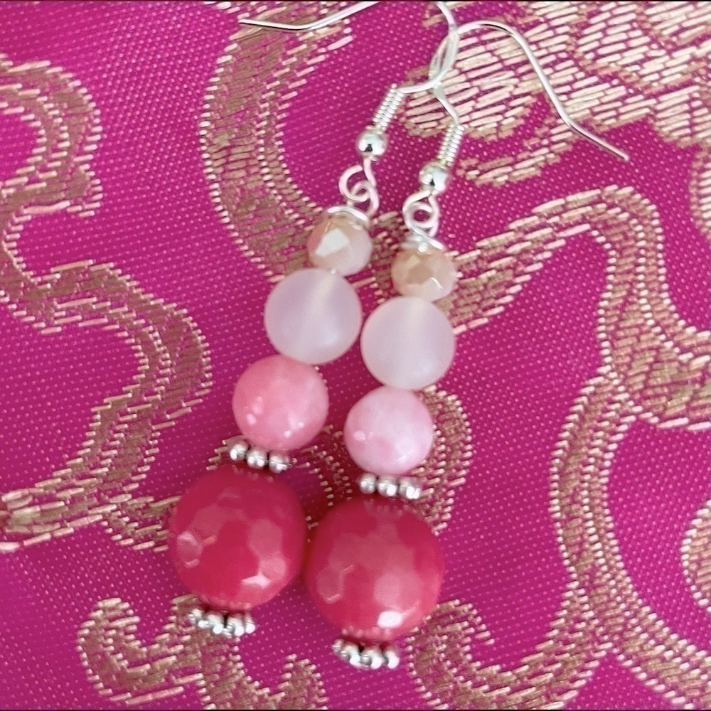Sterling Silver Earrings Bead Handmade Raspberry Gradient Pink Genuine Stone - Picture 2 of 5